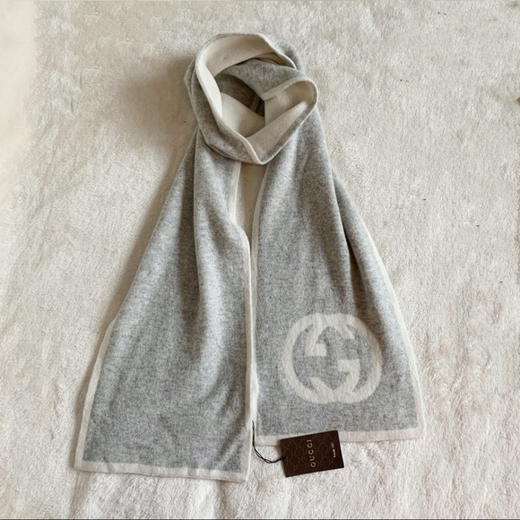 NWT Authentic Gucci Woven Unisex Cashmere Long Scarf Ivory Gray Interlock Logo - Picture 5 of 9